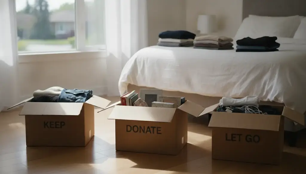 Three boxes on a bedroom floor marked keep, donate and let go