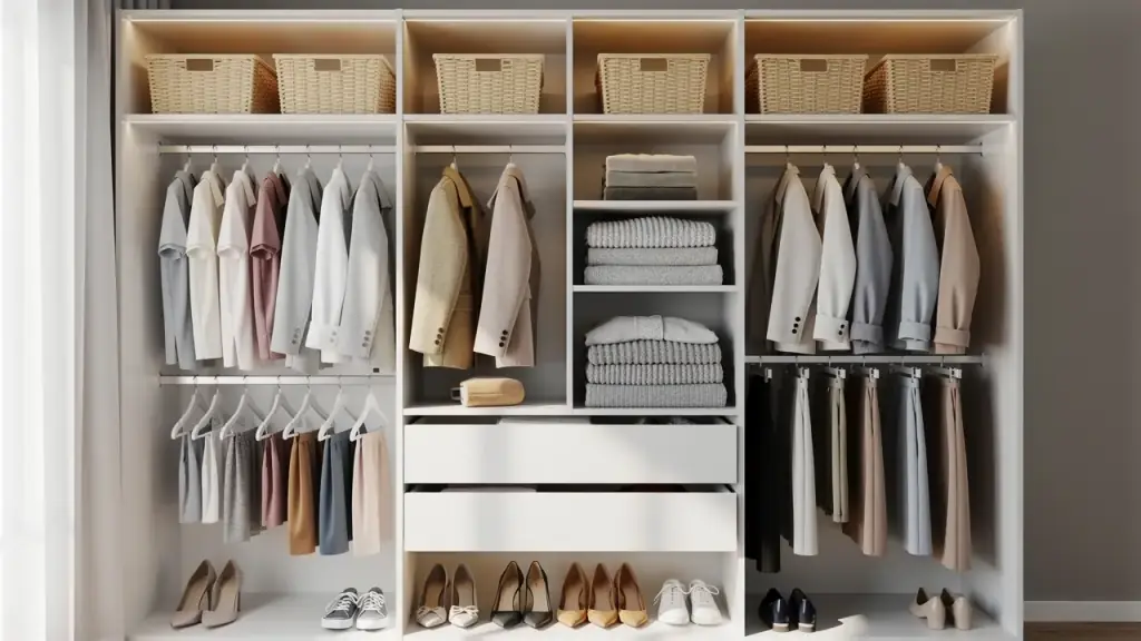 A custom closet with baskets overhead, double-hung shirts, folded sweaters in cubbies, long-hung trousers and a single row of shoes